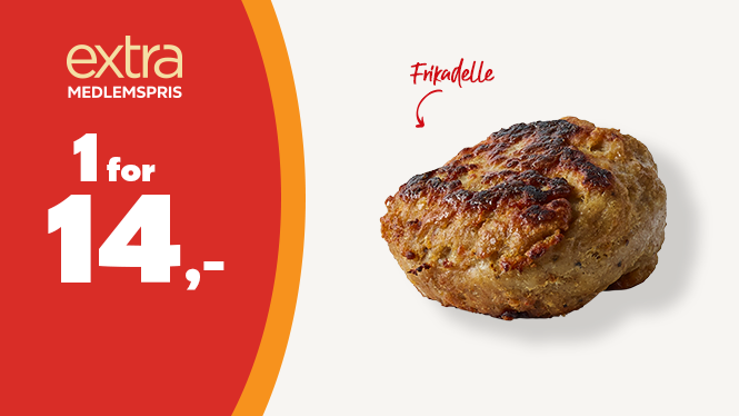 extra medlemspris Frikadelle 14 kr.