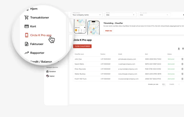 Self service portal screen with Circle K Pro app menu option highlighted